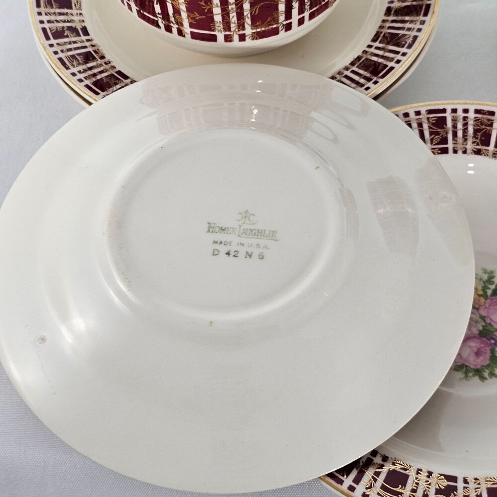 Homer Laughlin Piccadilly Cup & Saucer 2.25" set-6 red plaid gold floral 1942 - Picture 6 of 8